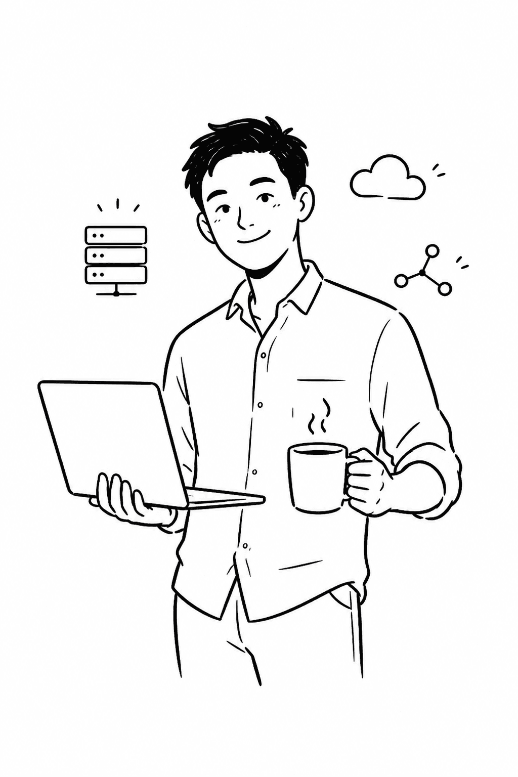 Hand-drawn software engineer holding a laptop and coffee beside backend and cloud symbols